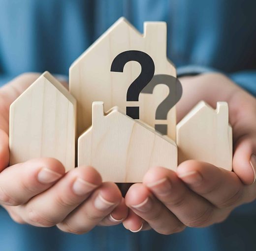 Hands hold several small wooden house shapes. Two of the houses have large black question marks printed on them, with a fainter question mark visible behind one. The background is a blurred blue fabric.