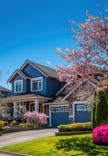 single family house, real estate photography, Sunny: Canon EOS 5D Mark IV camera with a Canon EF 24-70mm f/2.8L II USM lens, clear blue sky --ar 3:4 Job ID: 9011ce39-d3cd-4468-a5b6-087669a61b59